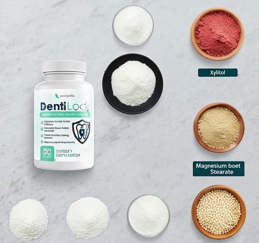 DentiLock supplement bottle displayed with key oral health ingredients on white background